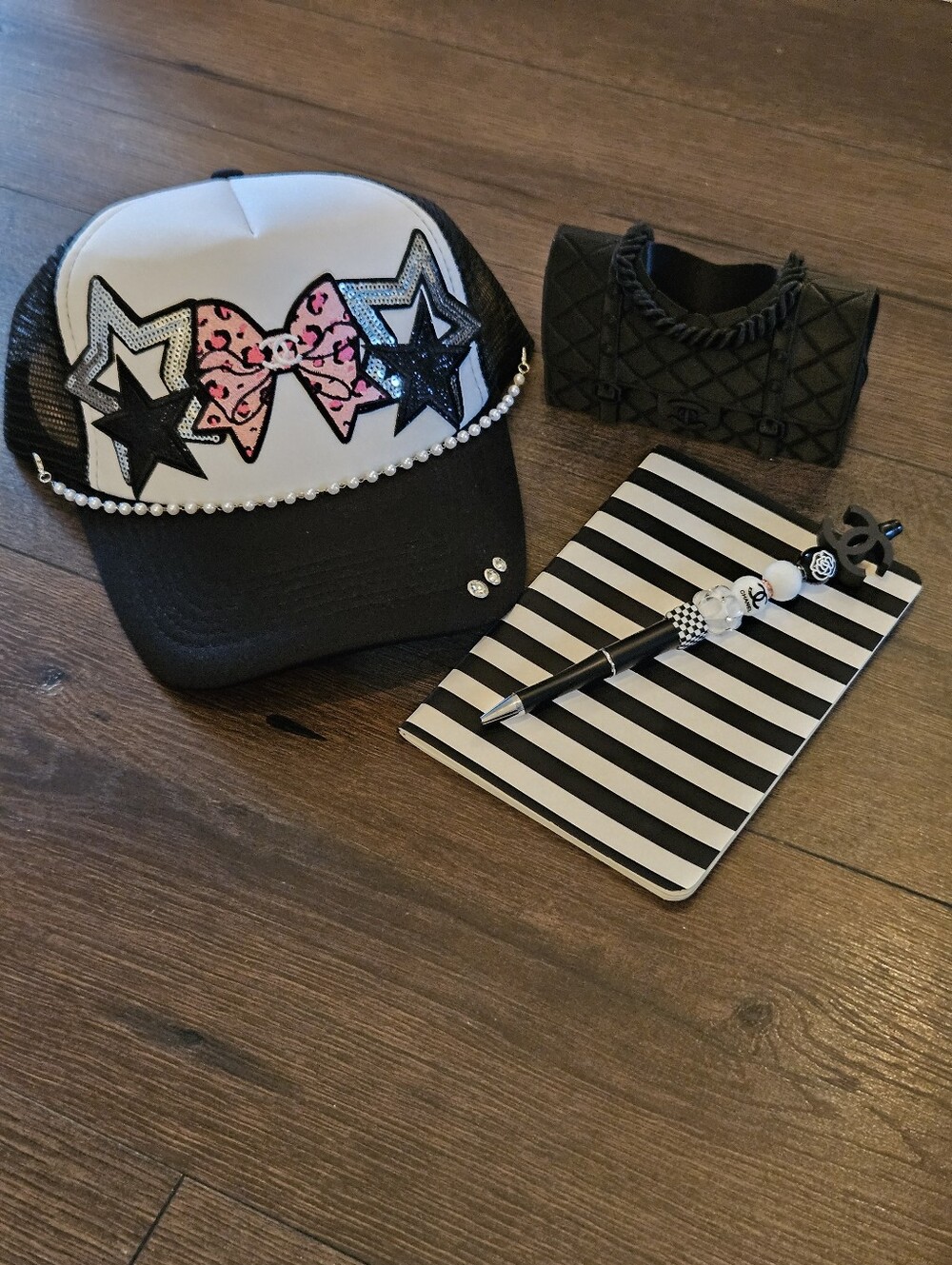 All NEW Handmade Glam Gift Set | Bling Trucker Hat, Beaded Pen & Desk Vase